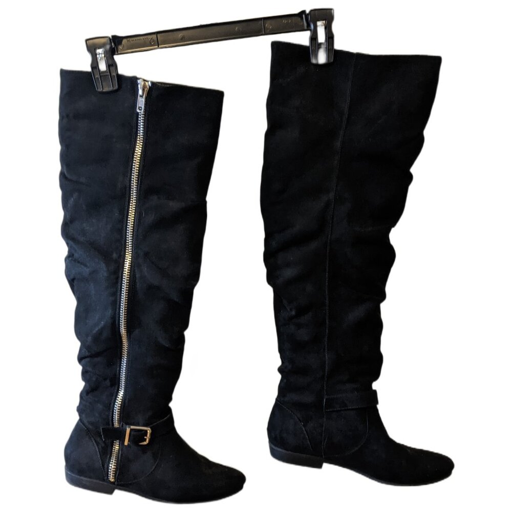 Womens Black Faux Suede Over The Knee Boots Low Heel Zip Up Slouchy Fall Sz 7